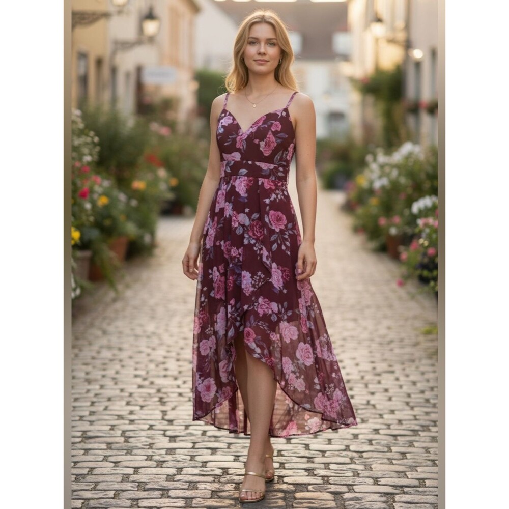 Crystal Doll Burgundy Floral High-Low Spaghetti-Strap Dress sz 7